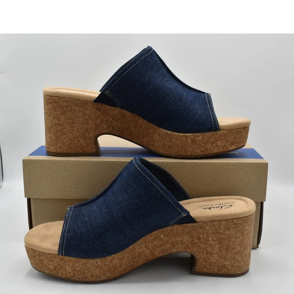 Clarks Womens Size 10 Nerisa Vine Dark Denim Heeled Sandals Slides Shoes